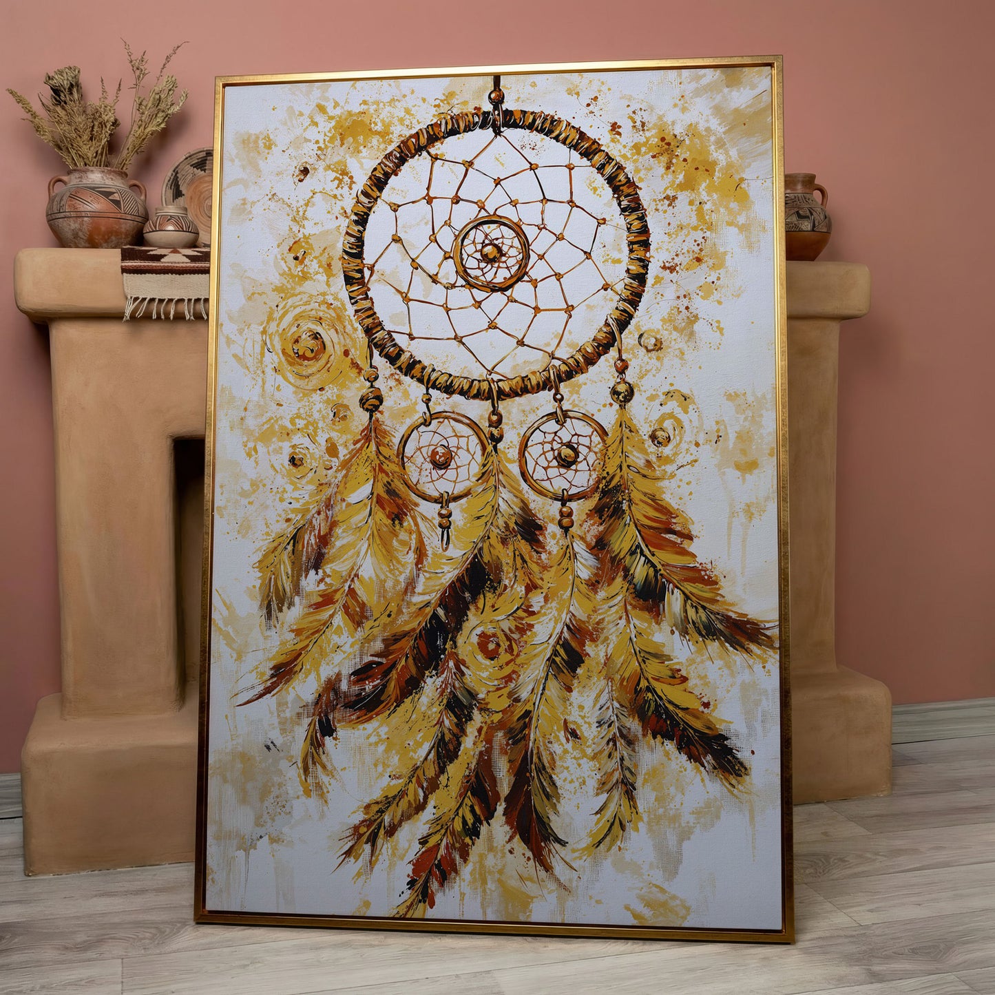 Dreamcatcher Canvas Wall Art, Portrait Print in rose gold floating frame