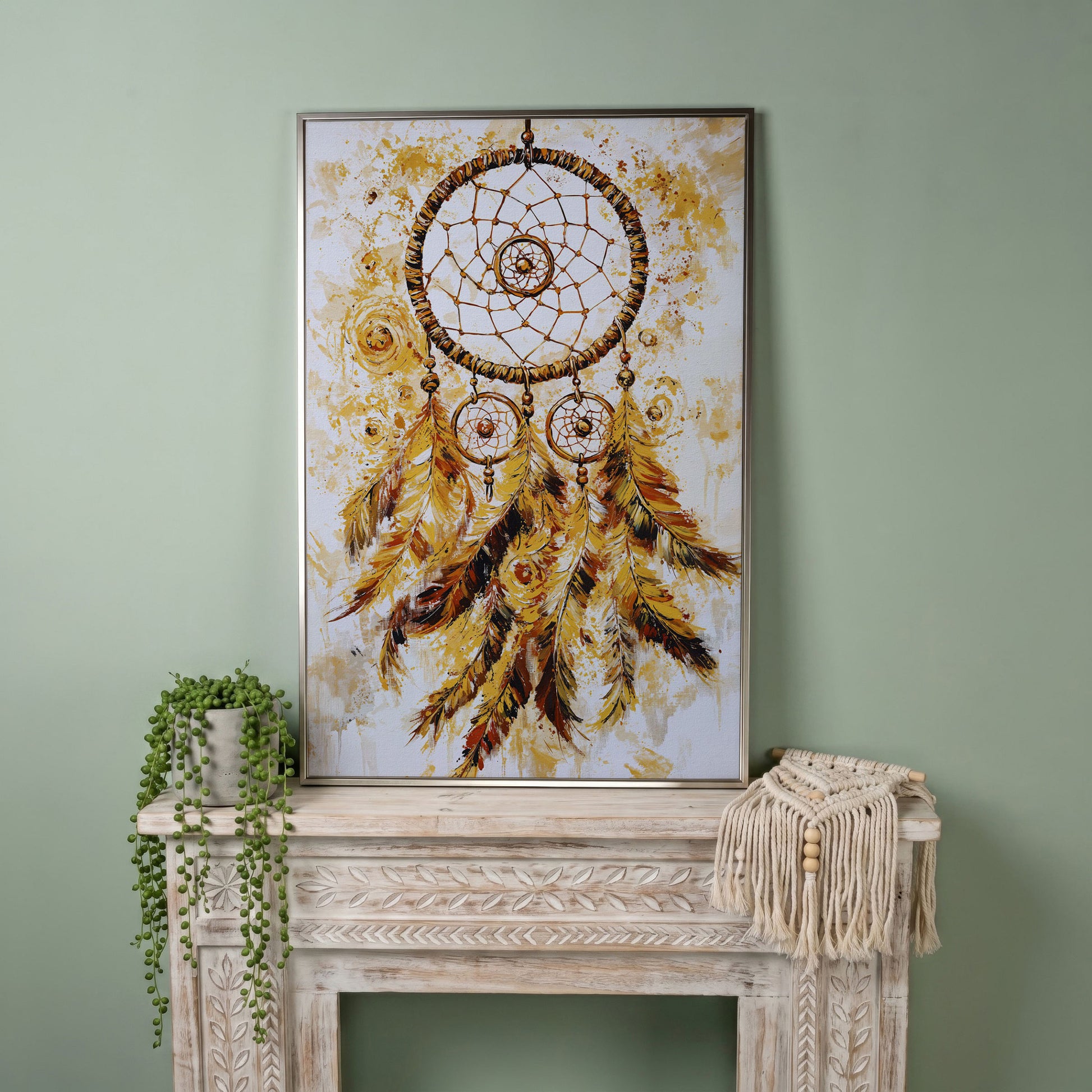 Dreamcatcher Canvas Wall Art, Portrait Print in silver floating frame