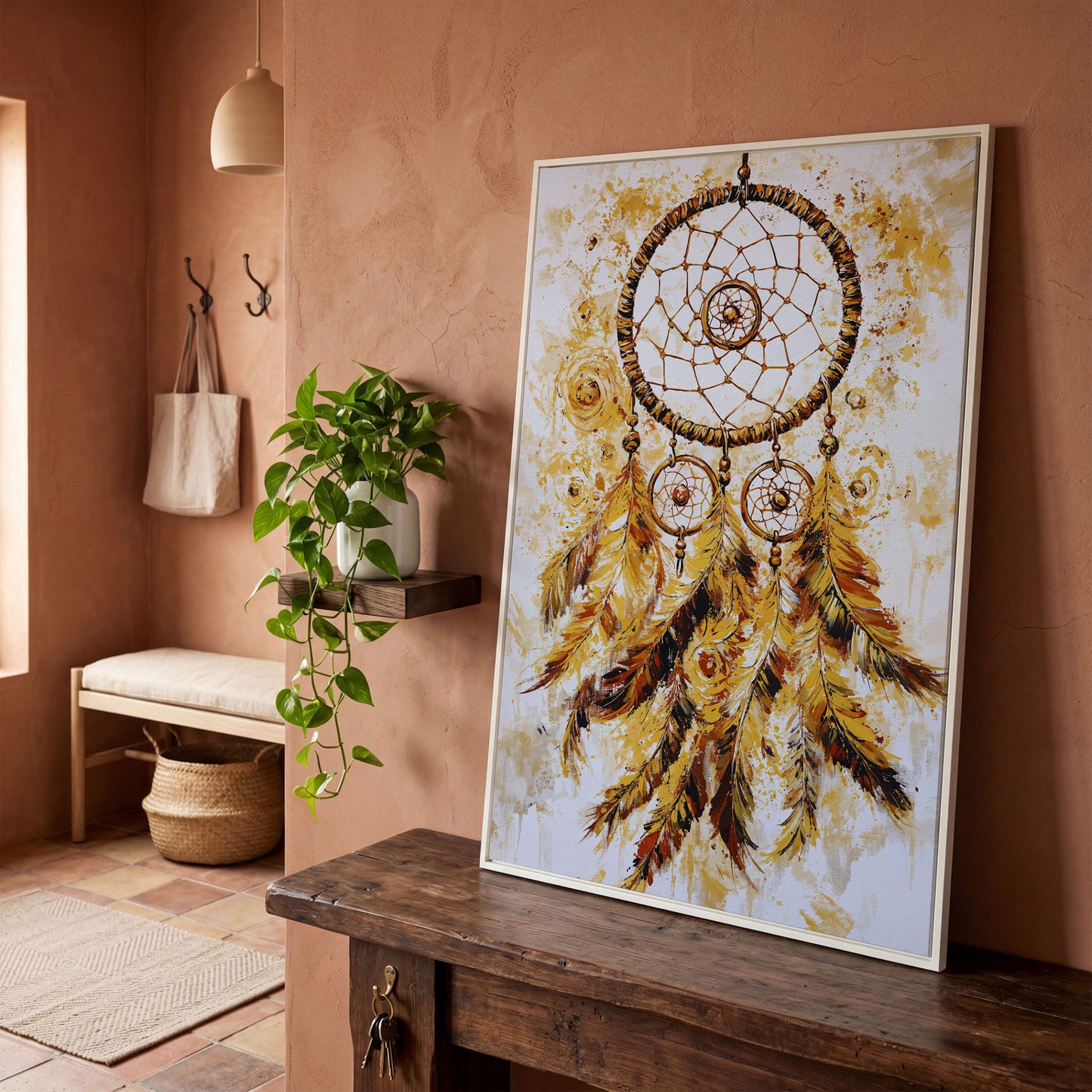 Dreamcatcher Canvas Wall Art, Portrait Print in white floating frame