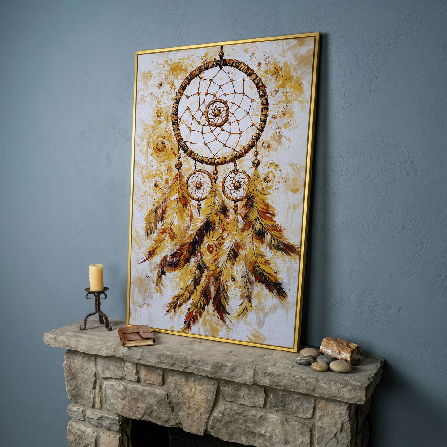 Dreamcatcher Canvas Wall Art, Portrait Print in yellow gold floating frame