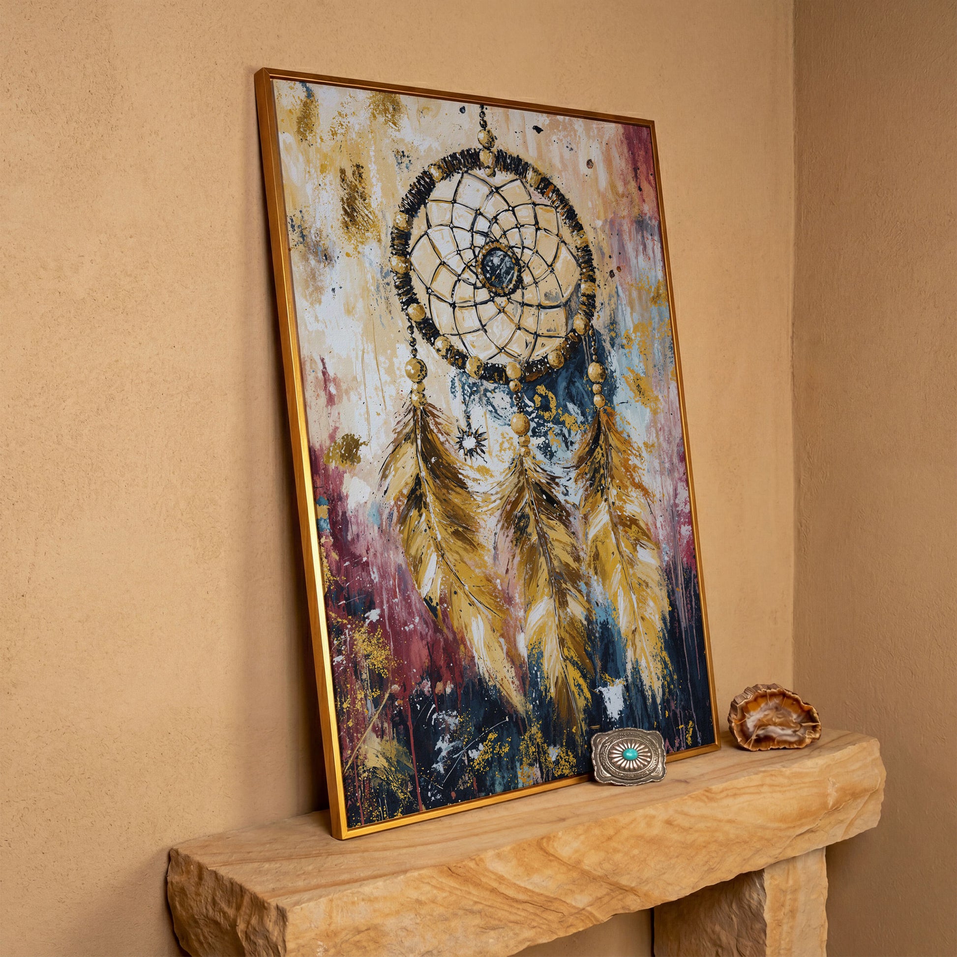 Dreamcatcher Canvas Wall Art, Bohemian Portrait Print in antique gold floating frame