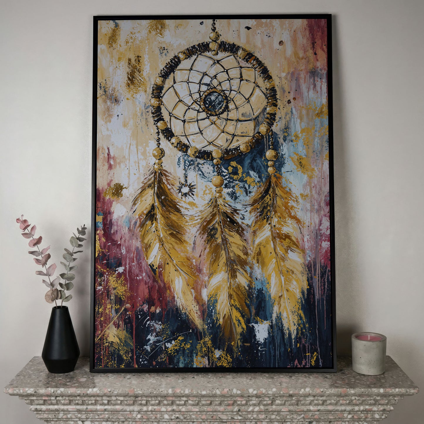 Dreamcatcher Canvas Wall Art, Bohemian Portrait Print in black floating frame
