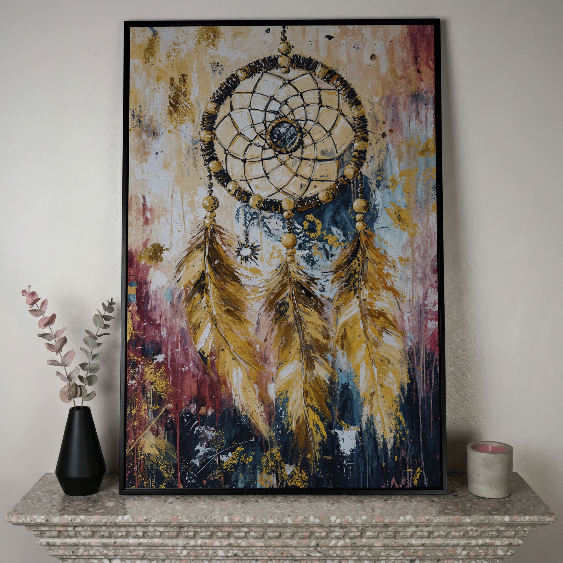 Dreamcatcher Canvas Wall Art, Bohemian Portrait Print in black floating frame