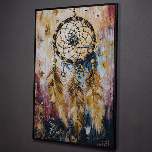 Dreamcatcher Canvas Wall Art, Bohemian Portrait Print shown in black floating frame