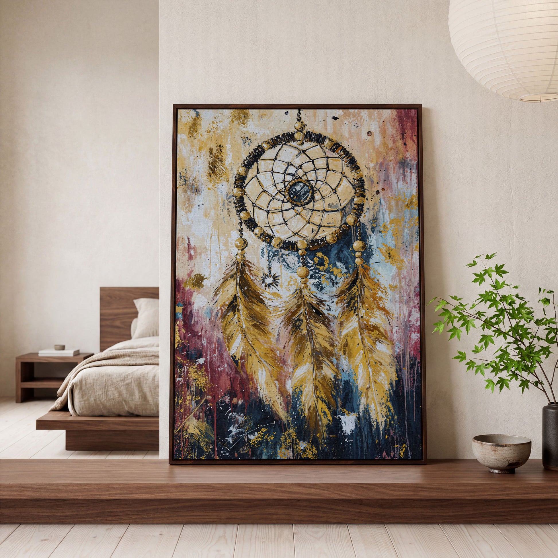 Dreamcatcher Canvas Wall Art, Bohemian Portrait Print in dark walnut floating frame