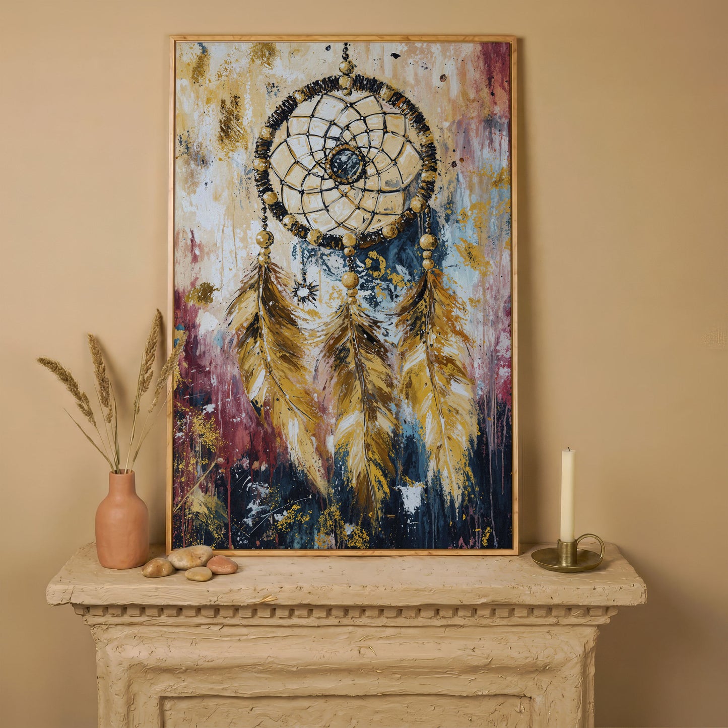 Dreamcatcher Canvas Wall Art, Bohemian Portrait Print in white oak floating frame