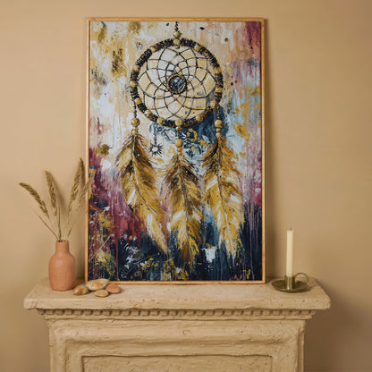 Dreamcatcher Canvas Wall Art, Bohemian Portrait Print in white oak floating frame