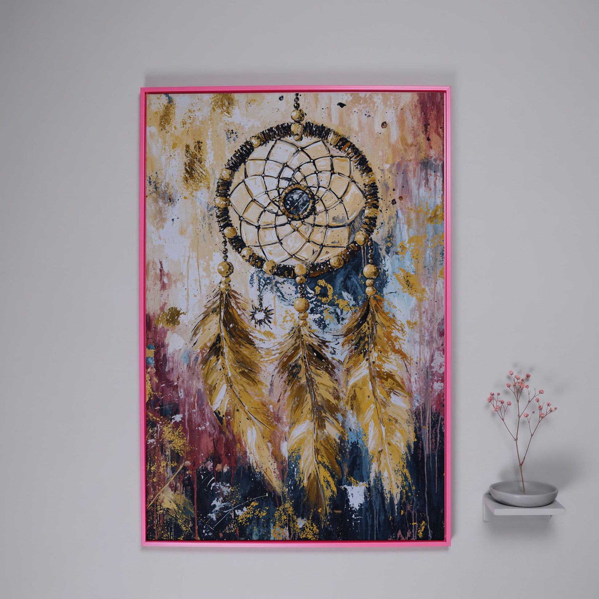 Dreamcatcher Canvas Wall Art, Bohemian Portrait Print in pink floating frame