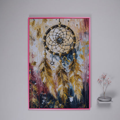 Dreamcatcher Canvas Wall Art, Bohemian Portrait Print in pink floating frame