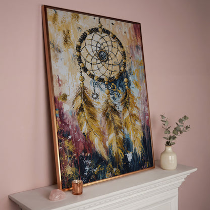Dreamcatcher Canvas Wall Art, Bohemian Portrait Print in rose gold floating frame