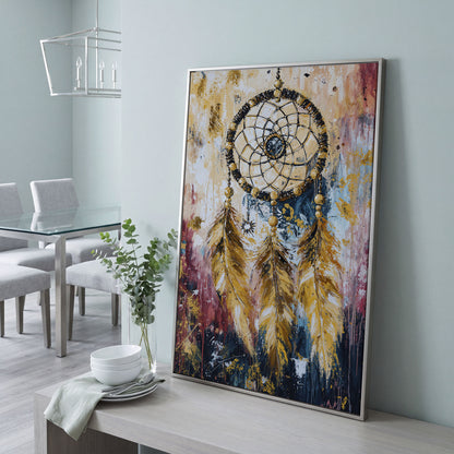 Dreamcatcher Canvas Wall Art, Bohemian Portrait Print in silver floating frame