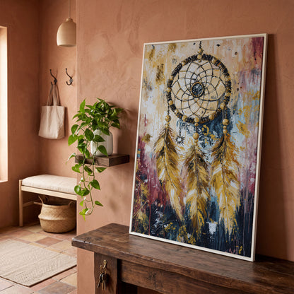 Dreamcatcher Canvas Wall Art, Bohemian Portrait Print in white floating frame