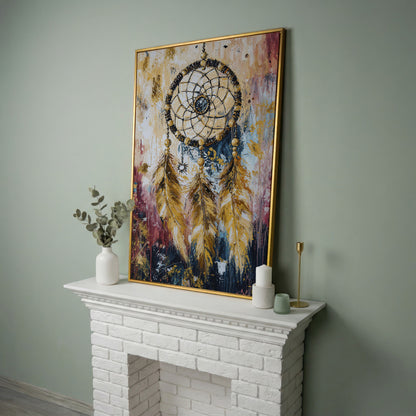Dreamcatcher Canvas Wall Art, Bohemian Portrait Print in yellow gold floating frame