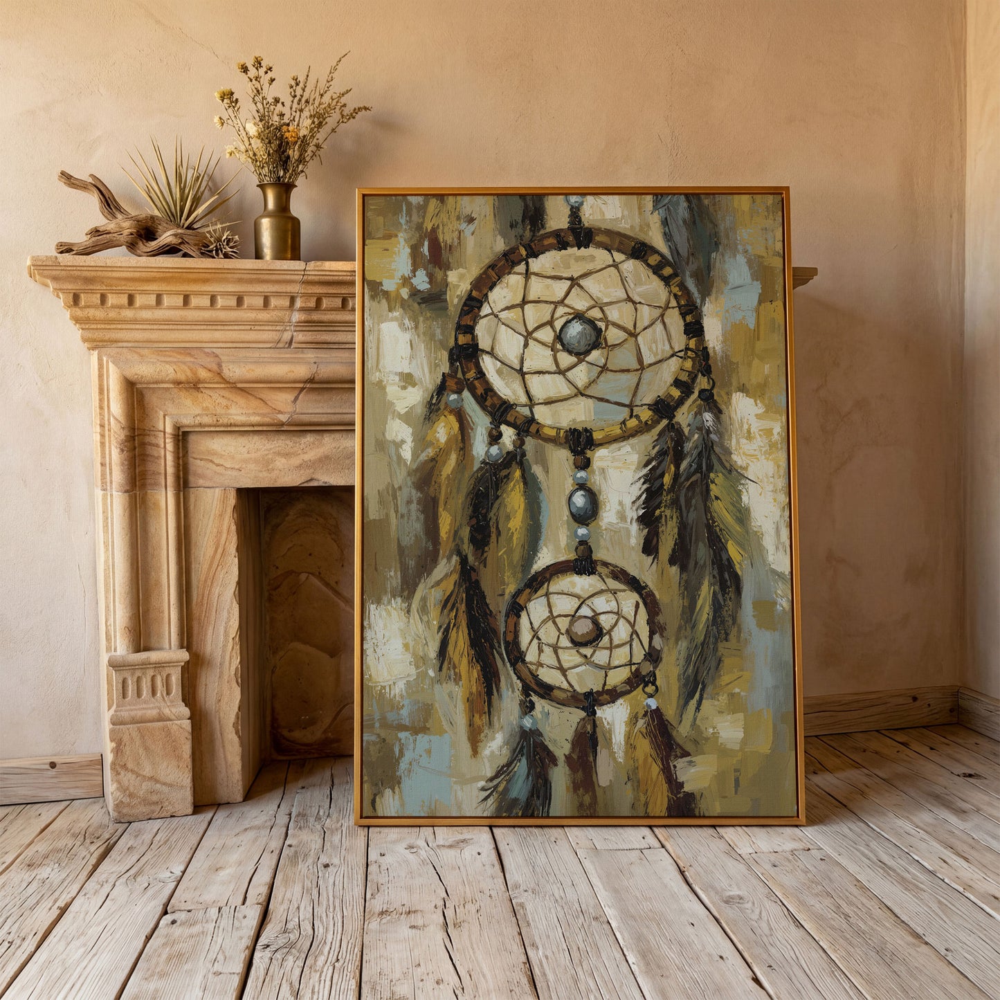 Feathered Dreamcatcher Canvas Art with Hanging Beads in antique gold floating frame