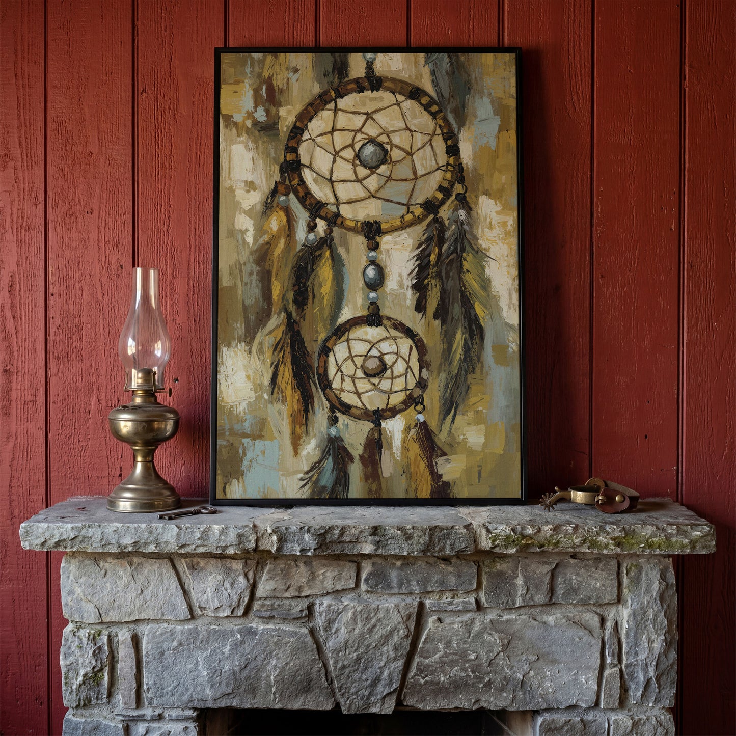 Feathered Dreamcatcher Canvas Art with Hanging Beads in black floating frame