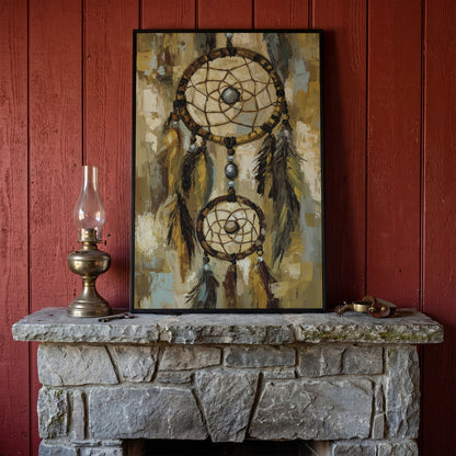 Feathered Dreamcatcher Canvas Art with Hanging Beads in black floating frame