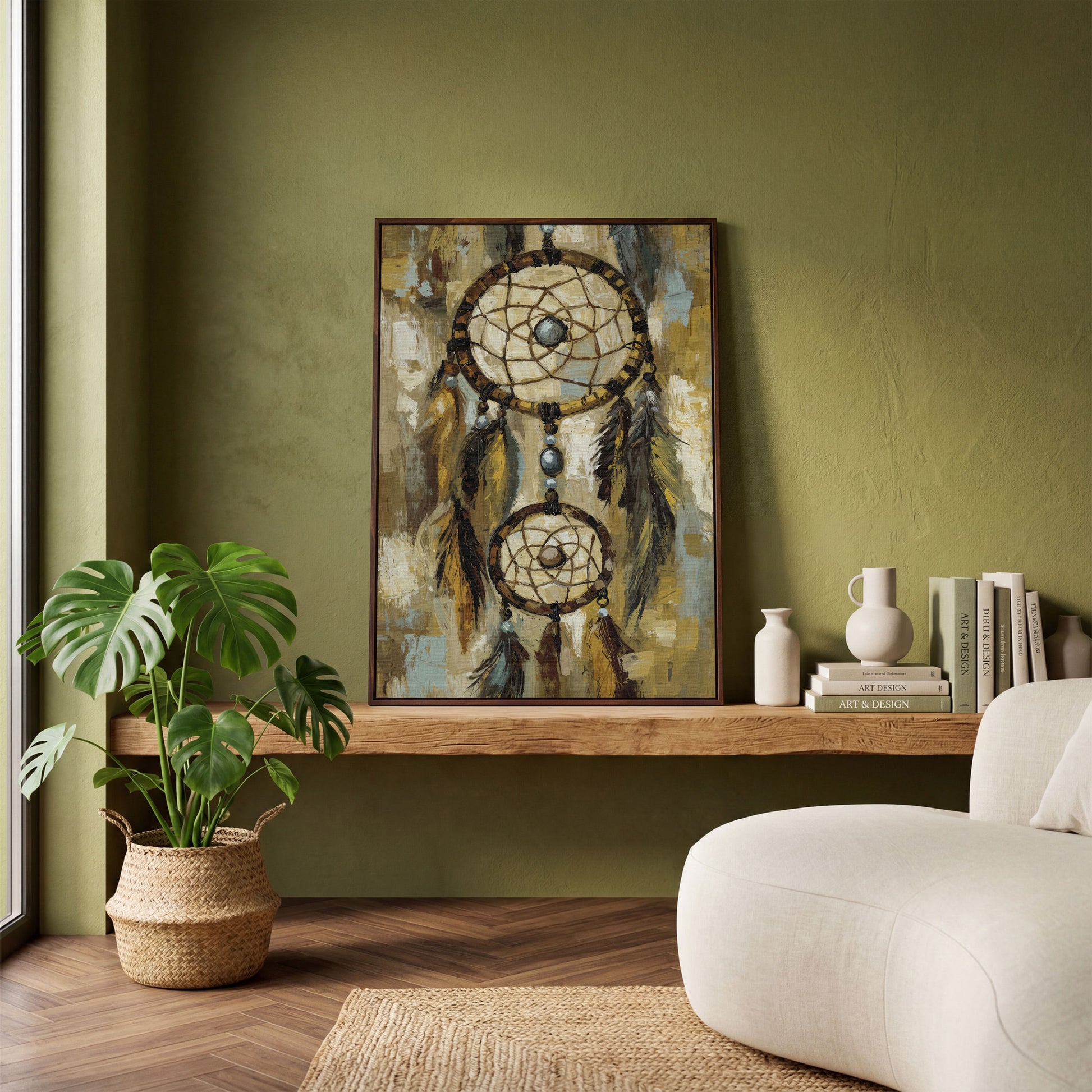 Feathered Dreamcatcher Canvas Art with Hanging Beads in dark walnut floating frame