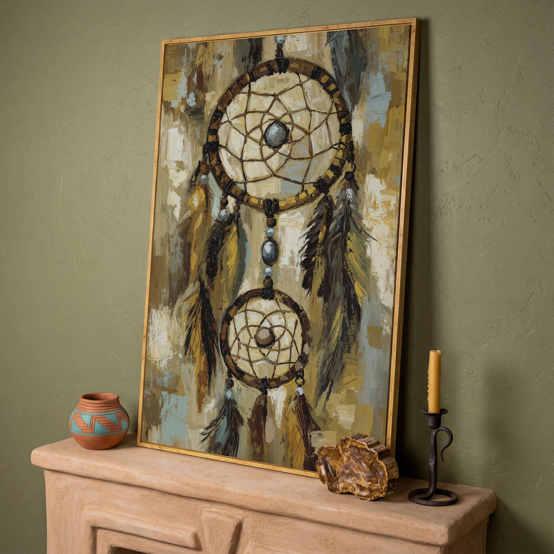 Feathered Dreamcatcher Canvas Art with Hanging Beads in white oak floating frame