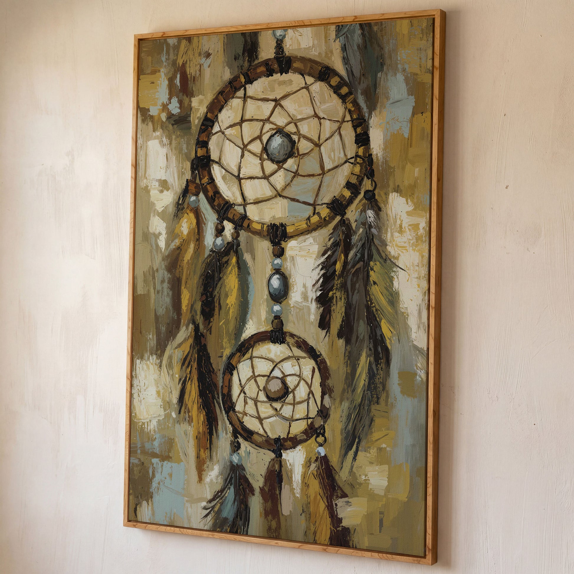 Feathered Dreamcatcher Canvas Art with Hanging Beads shown in white oak floating frame