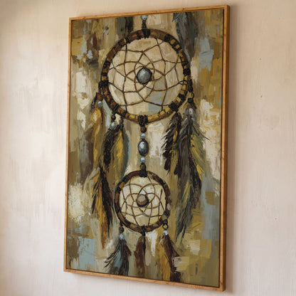 Feathered Dreamcatcher Canvas Art with Hanging Beads shown in white oak floating frame