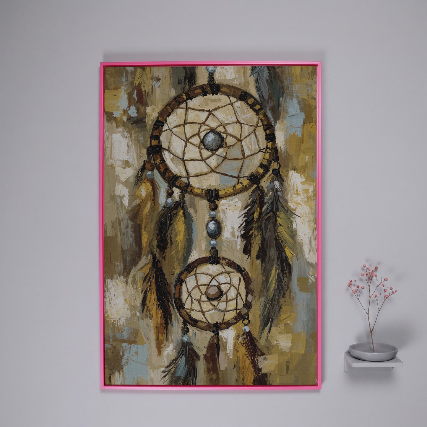 Feathered Dreamcatcher Canvas Art with Hanging Beads in pink floating frame