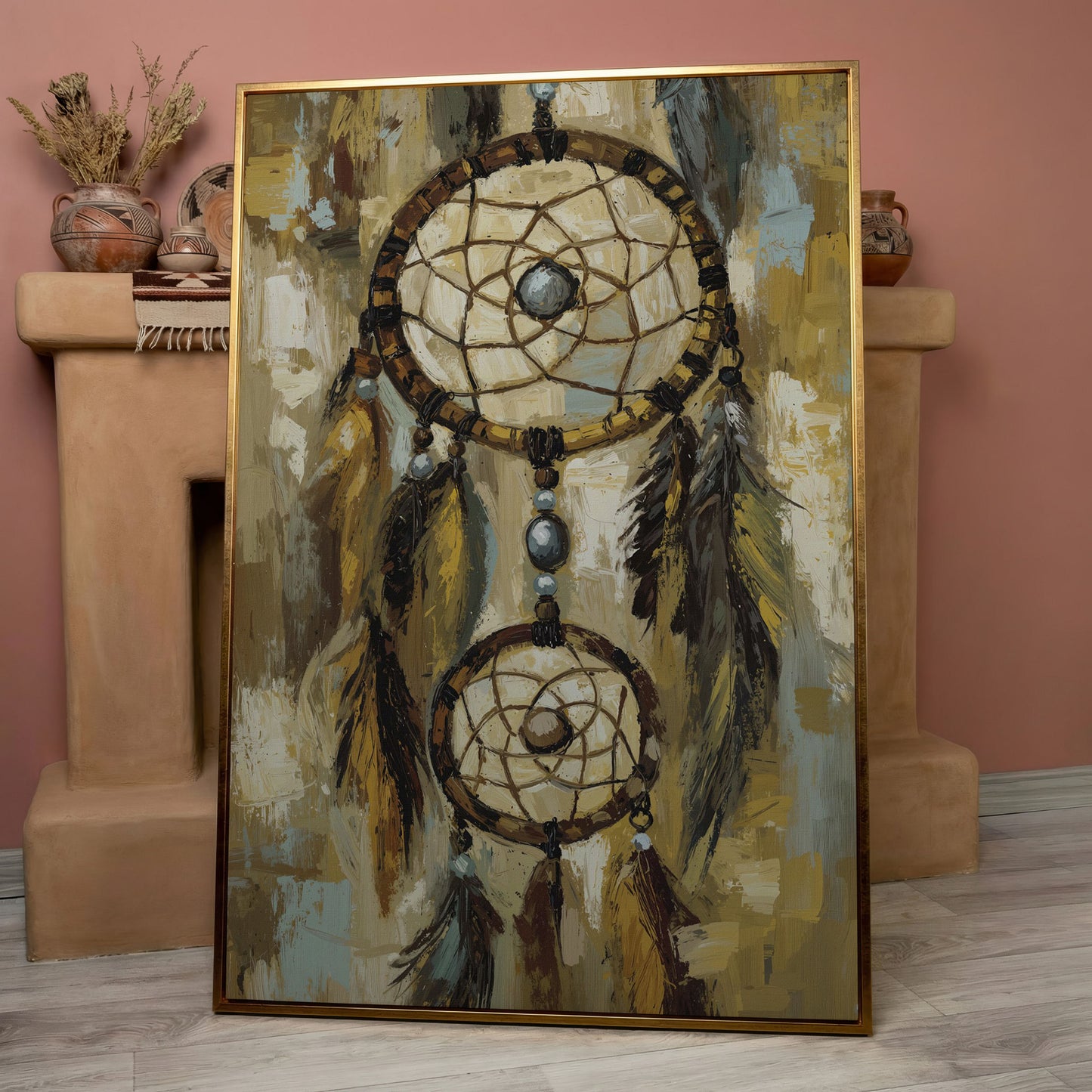 Feathered Dreamcatcher Canvas Art with Hanging Beads in rose gold floating frame