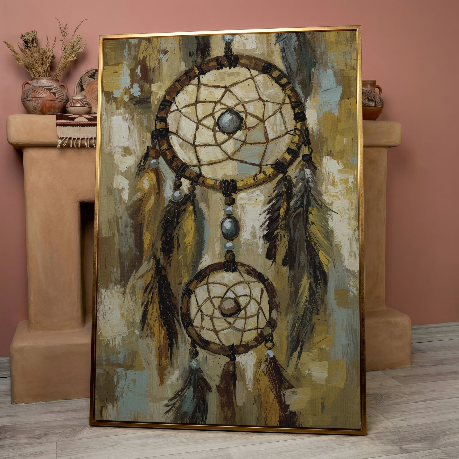 Feathered Dreamcatcher Canvas Art with Hanging Beads in rose gold floating frame