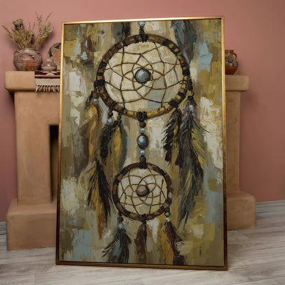 Feathered Dreamcatcher Canvas Art with Hanging Beads in rose gold floating frame