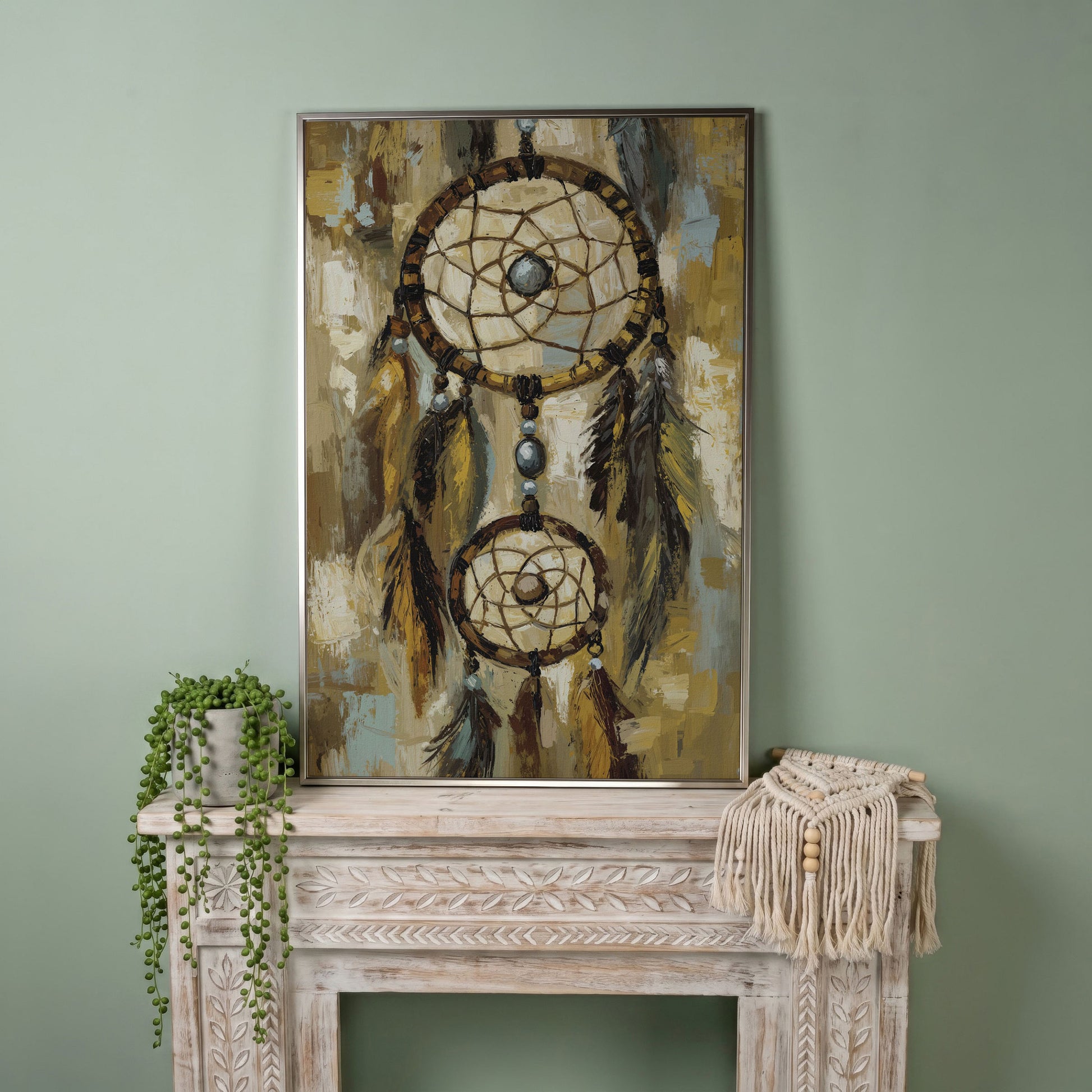 Feathered Dreamcatcher Canvas Art with Hanging Beads in silver floating frame