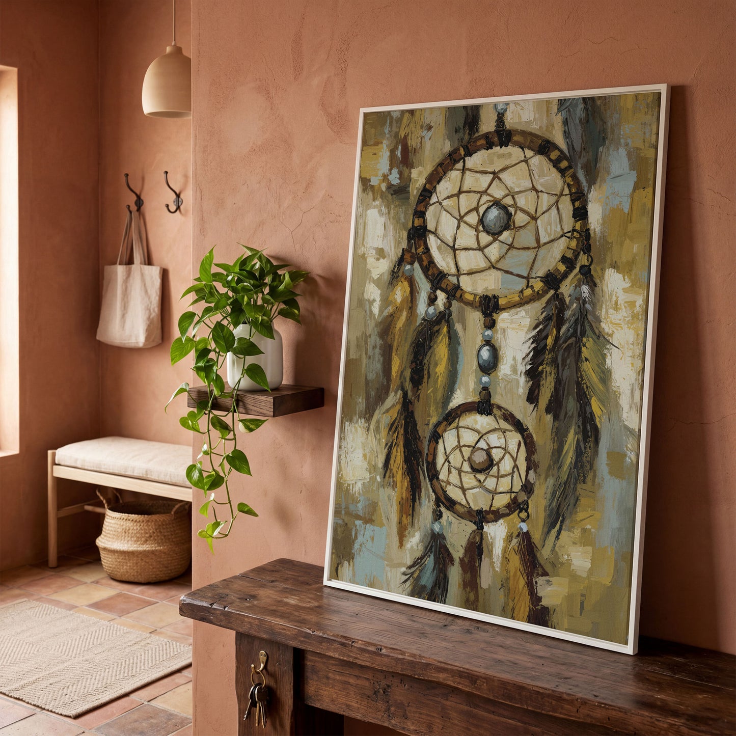Feathered Dreamcatcher Canvas Art with Hanging Beads in white floating frame