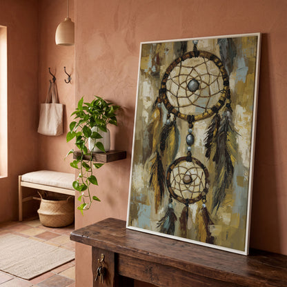 Feathered Dreamcatcher Canvas Art with Hanging Beads in white floating frame