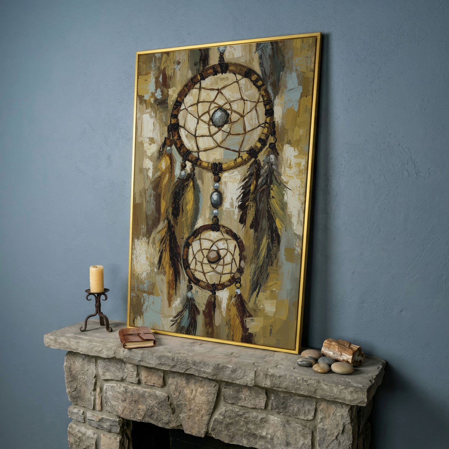Feathered Dreamcatcher Canvas Art with Hanging Beads in yellow gold floating frame