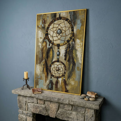 Feathered Dreamcatcher Canvas Art with Hanging Beads in yellow gold floating frame