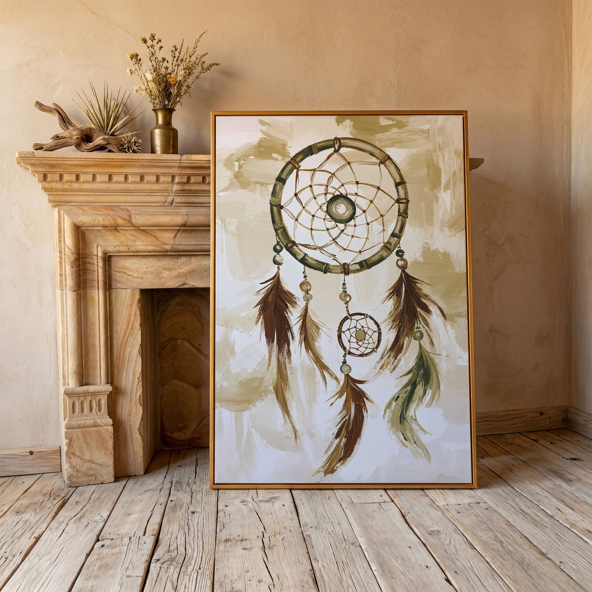 Dreamcatcher Canvas Wall Art with Feathers and Beads in antique gold floating frame