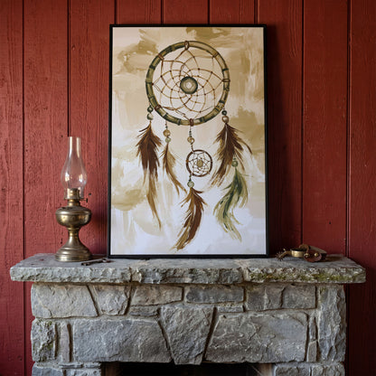 Dreamcatcher Canvas Wall Art with Feathers and Beads in black floating frame