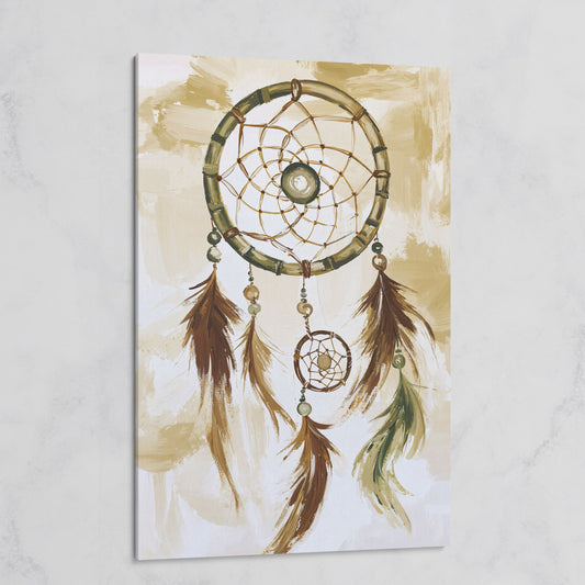 Dreamcatcher Canvas Wall Art with Feathers and Beads on gallery wrap