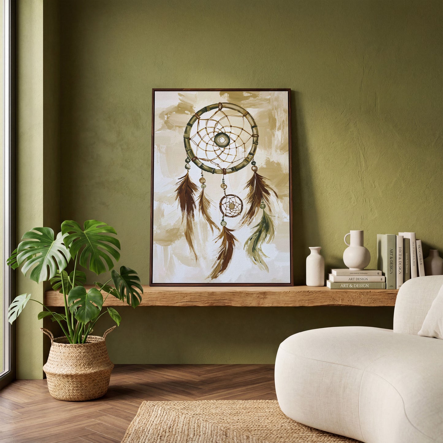 Dreamcatcher Canvas Wall Art with Feathers and Beads in dark walnut floating frame