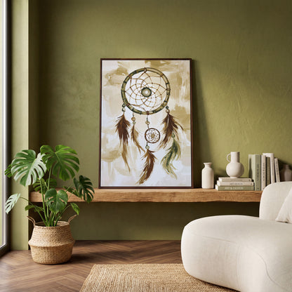 Dreamcatcher Canvas Wall Art with Feathers and Beads in dark walnut floating frame