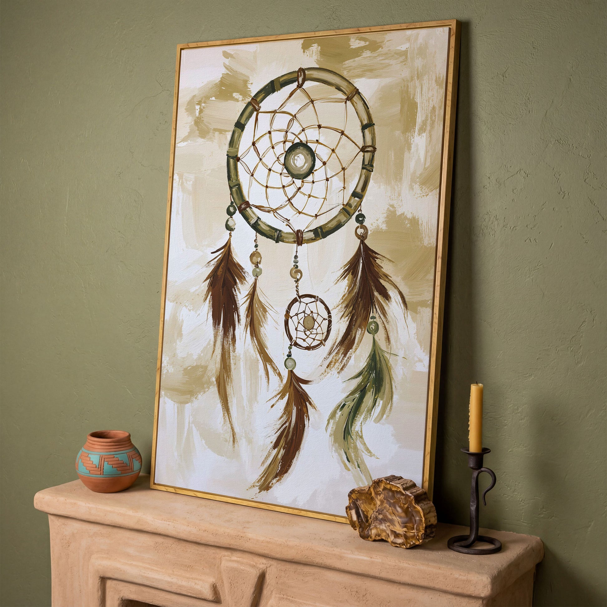 Dreamcatcher Canvas Wall Art with Feathers and Beads in white oak floating frame