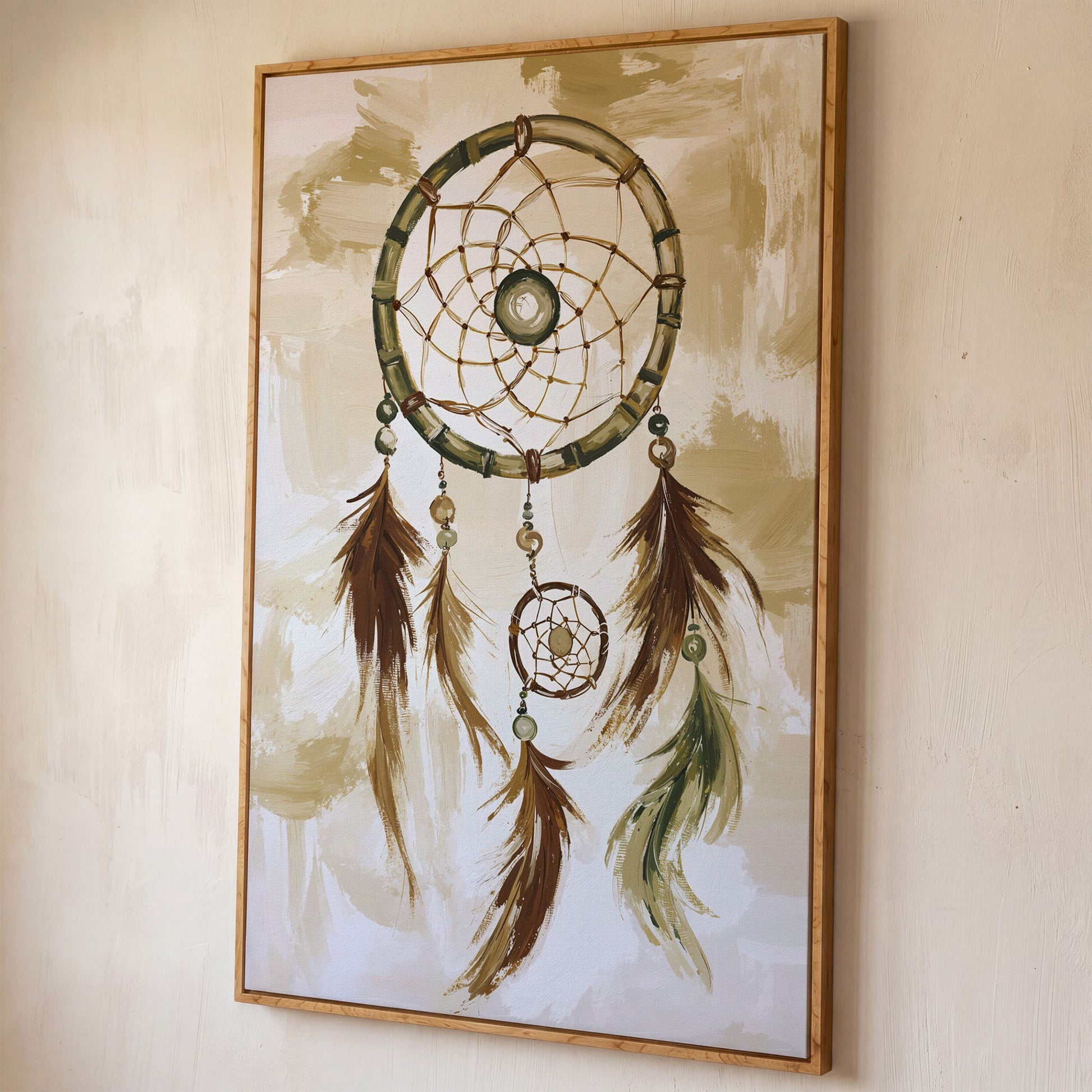 Dreamcatcher Canvas Wall Art with Feathers and Beads shown in white oak floating frame
