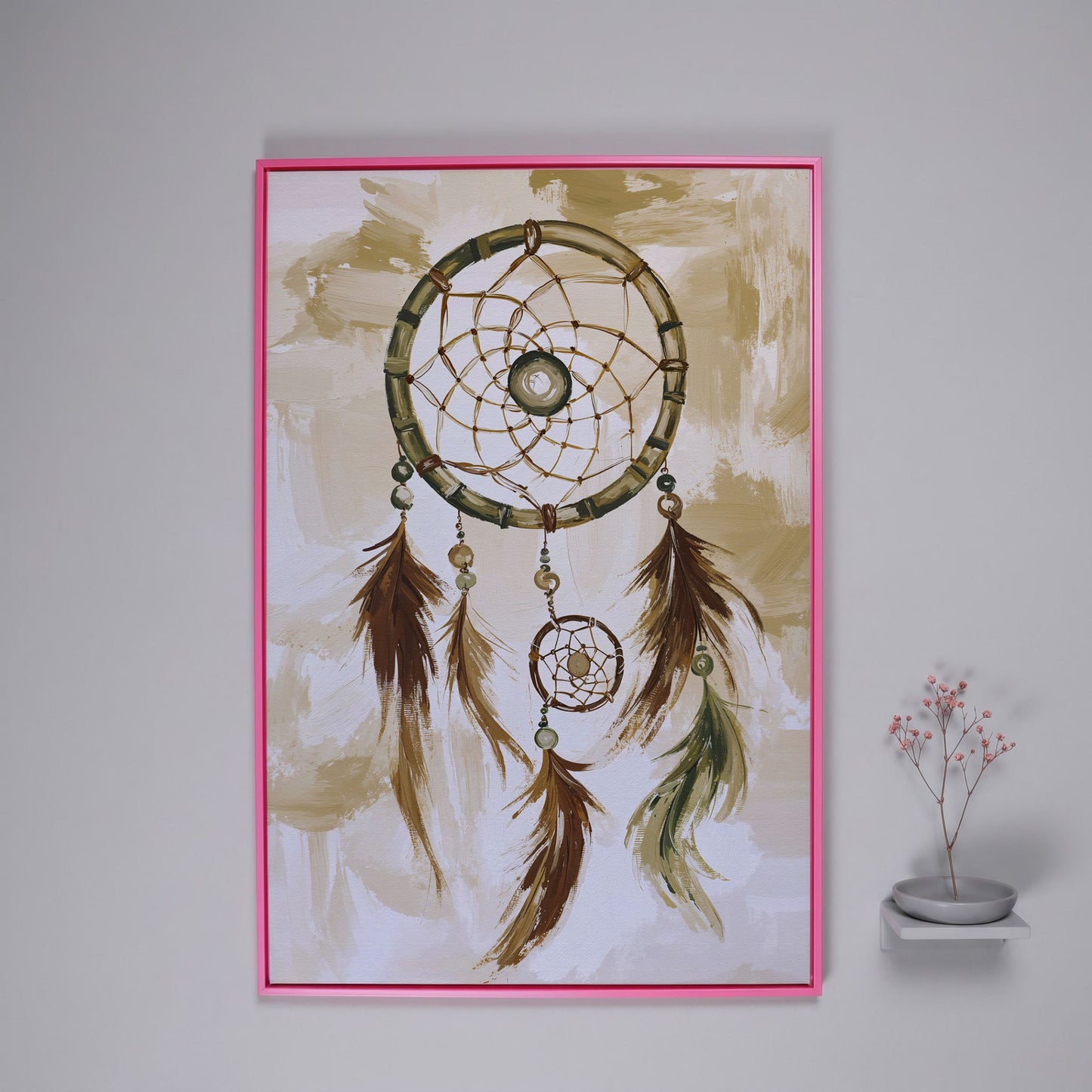 Dreamcatcher Canvas Wall Art with Feathers and Beads in pink floating frame