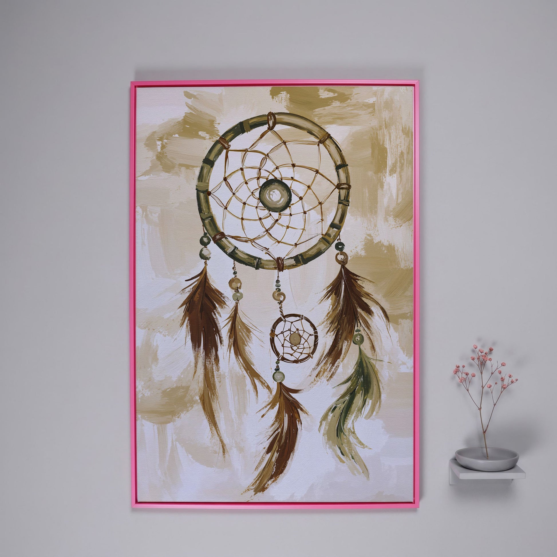 Dreamcatcher Canvas Wall Art with Feathers and Beads in pink floating frame