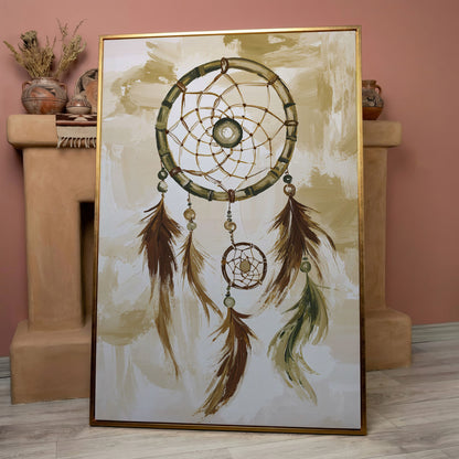 Dreamcatcher Canvas Wall Art with Feathers and Beads in rose gold floating frame