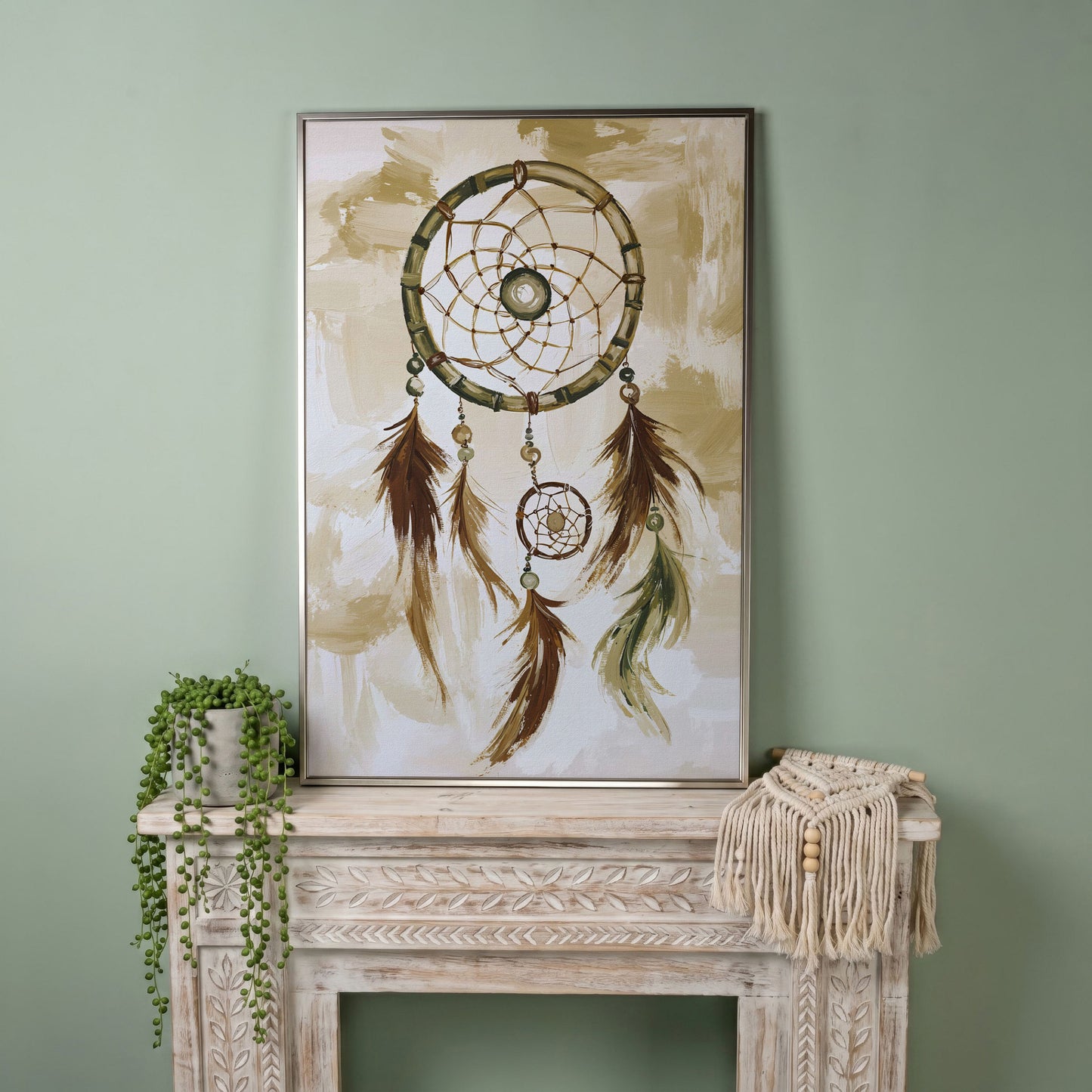 Dreamcatcher Canvas Wall Art with Feathers and Beads in silver floating frame