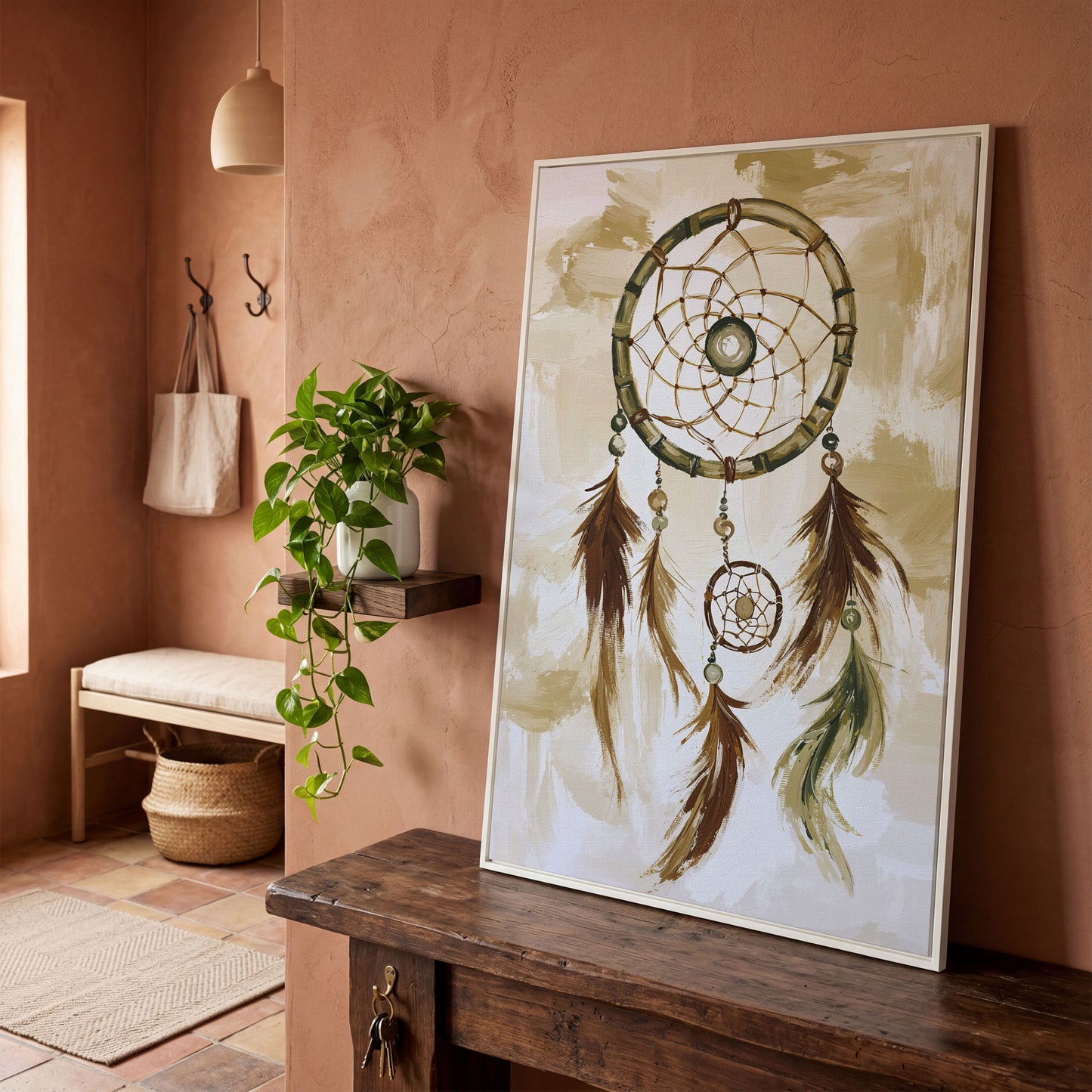 Dreamcatcher Canvas Wall Art with Feathers and Beads in white floating frame