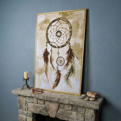 Dreamcatcher Canvas Wall Art with Feathers and Beads in yellow gold floating frame