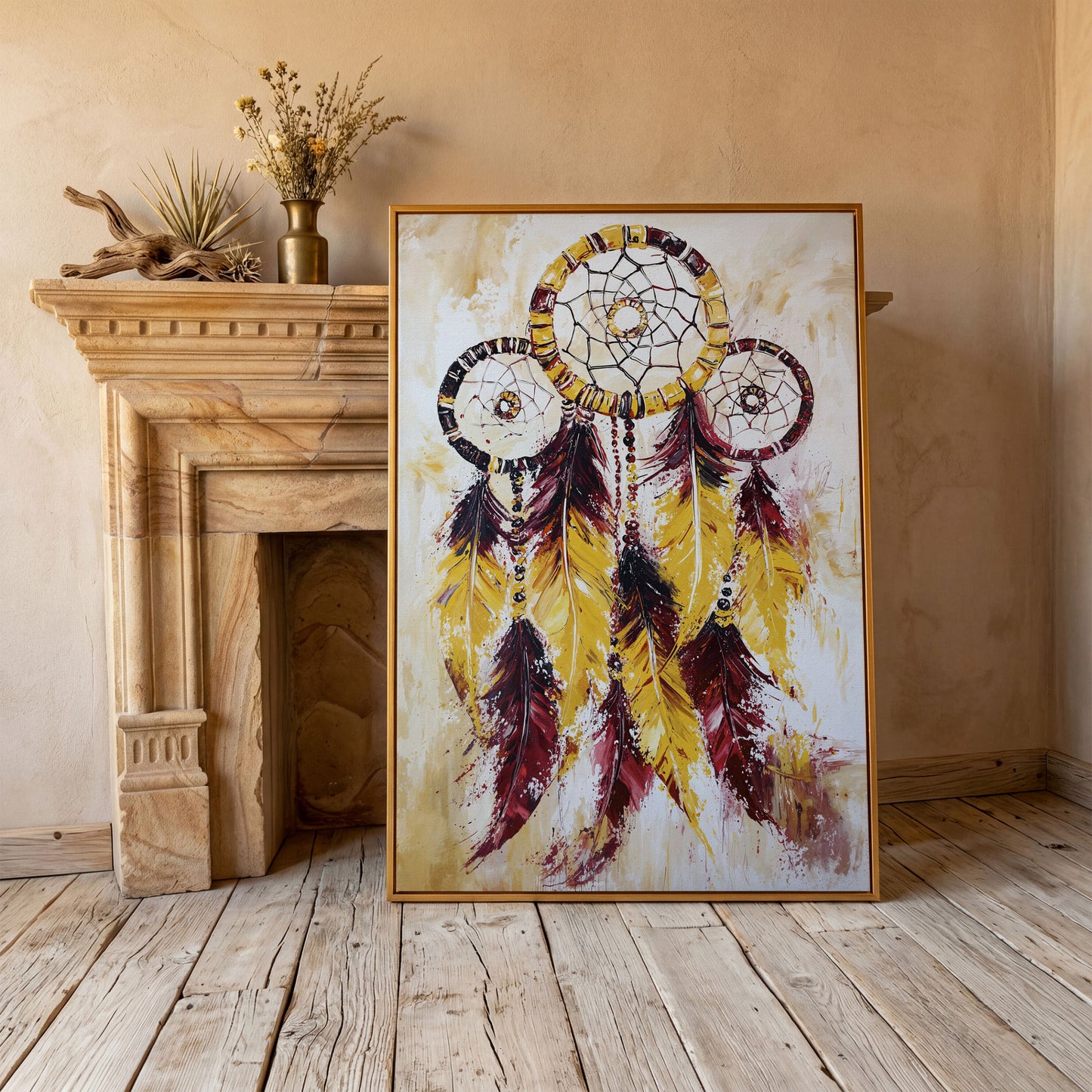 Dreamcatcher with Feathers and Beads Canvas Wall Art in antique gold floating frame