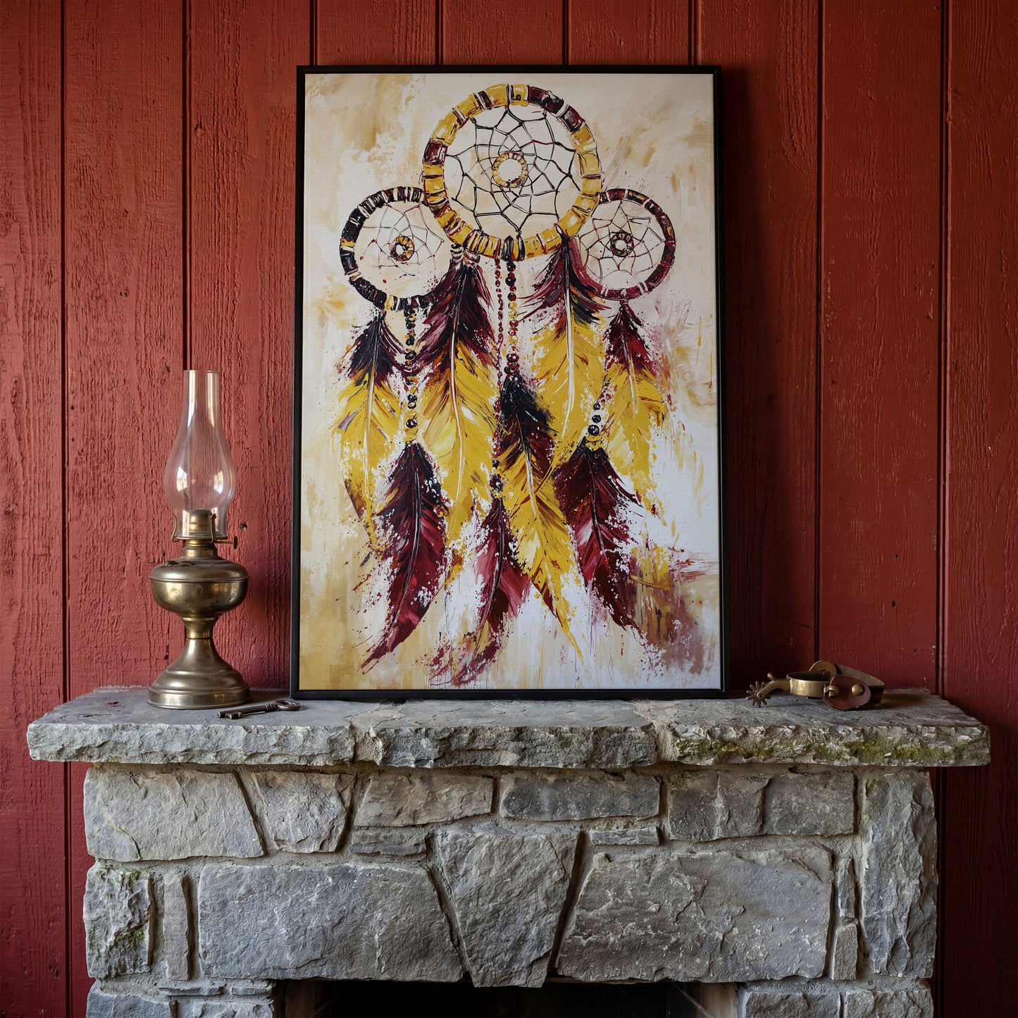 Dreamcatcher with Feathers and Beads Canvas Wall Art in black floating frame