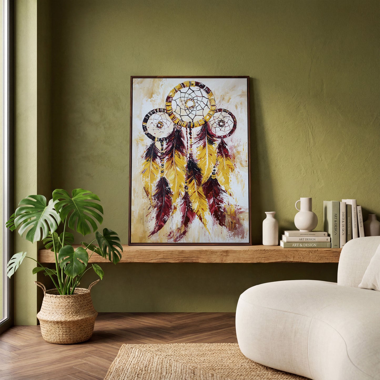 Dreamcatcher with Feathers and Beads Canvas Wall Art in dark walnut floating frame
