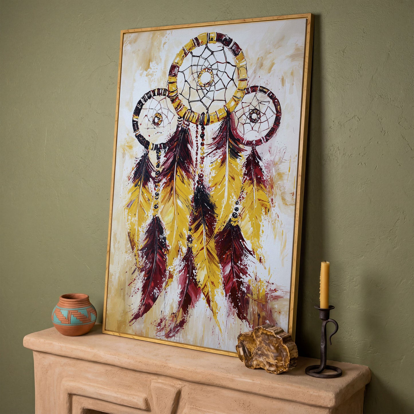 Dreamcatcher with Feathers and Beads Canvas Wall Art in white oak floating frame